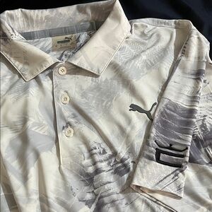 Puma Men's White and Gray Patterned Polo